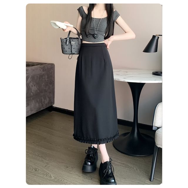 Slit A-Line Skirt High Midi Ruffle Trim Rise Plain