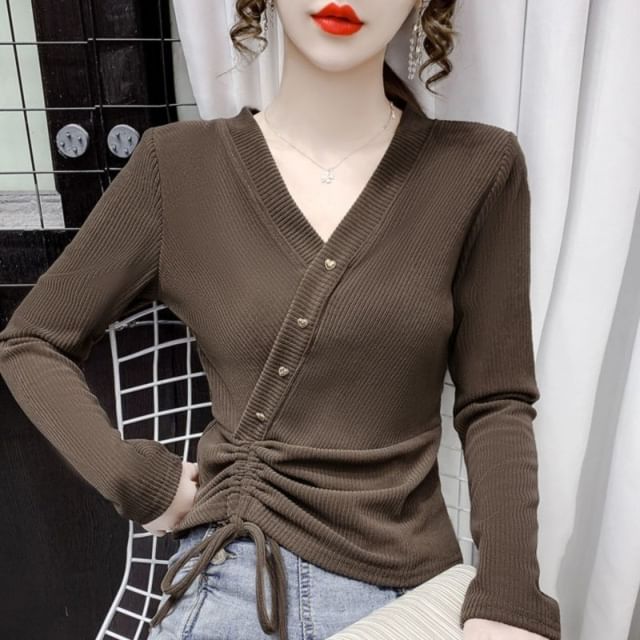 Long-Sleeve Plain V-Neck Top Crop Asymmetrical