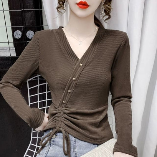 Long-Sleeve Plain V-Neck Top Crop Asymmetrical