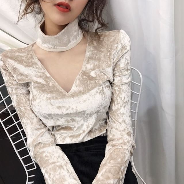 Top Mesh Long-Sleeve Panel Neck Velvet Mock
