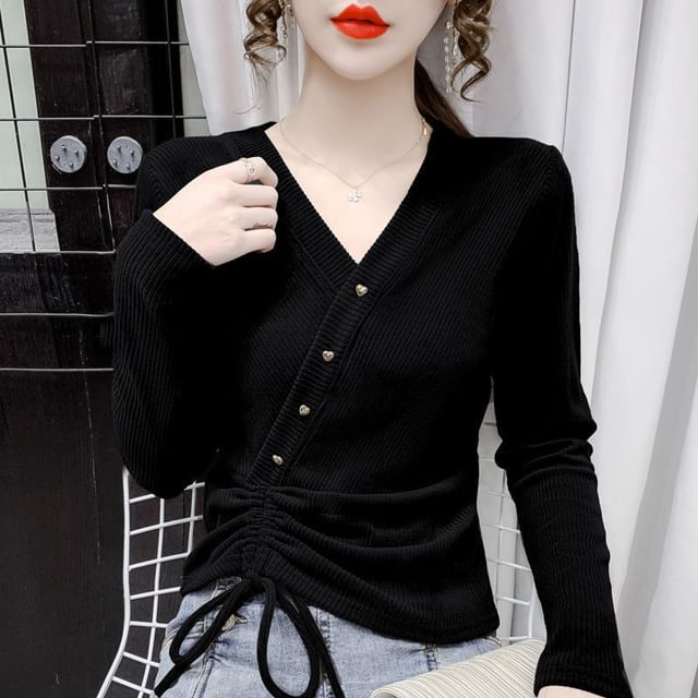 Long-Sleeve Plain V-Neck Top Crop Asymmetrical