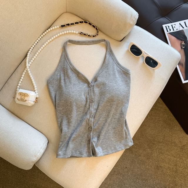 V-Neck Button-Up Halter Plain Top