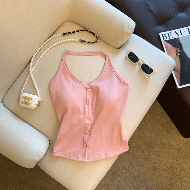 V-Neck Button-Up Halter Plain Top