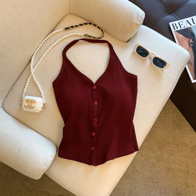 V-Neck Button-Up Halter Plain Top