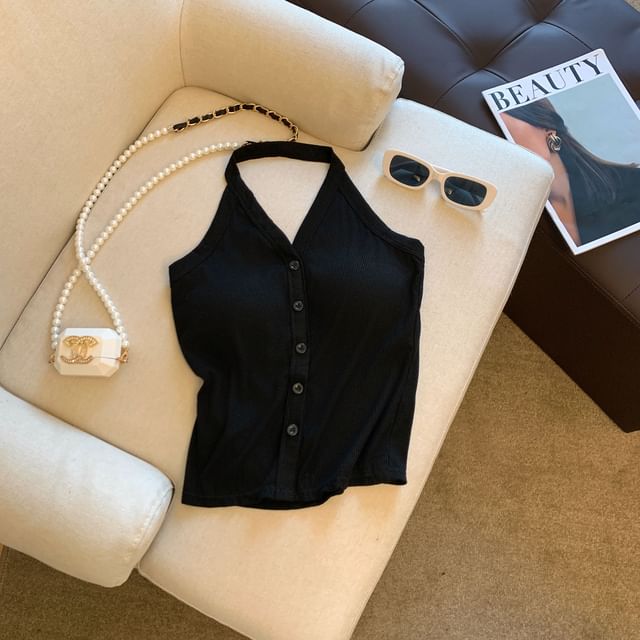 V-Neck Button-Up Halter Plain Top