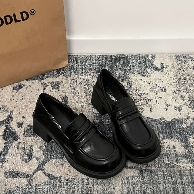Leather Block Loafers Heel Faux