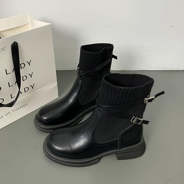 Buckled Boots Platform Short Panel Knit