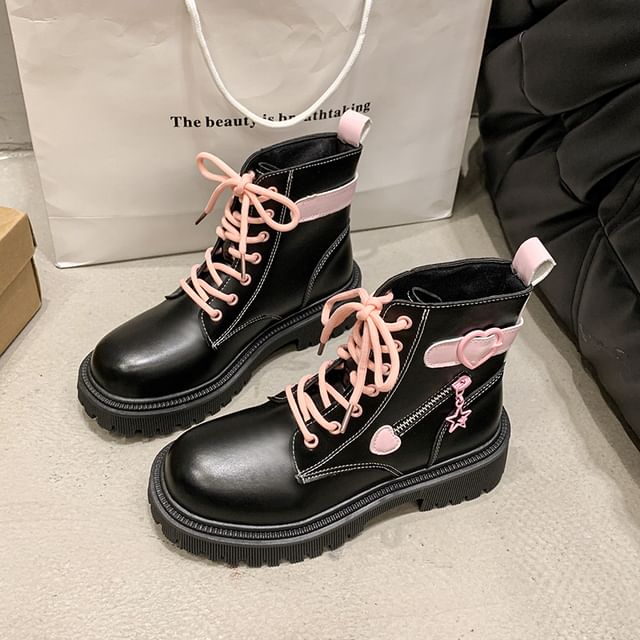 Boots Lace Short Panel Up Buckled Platform