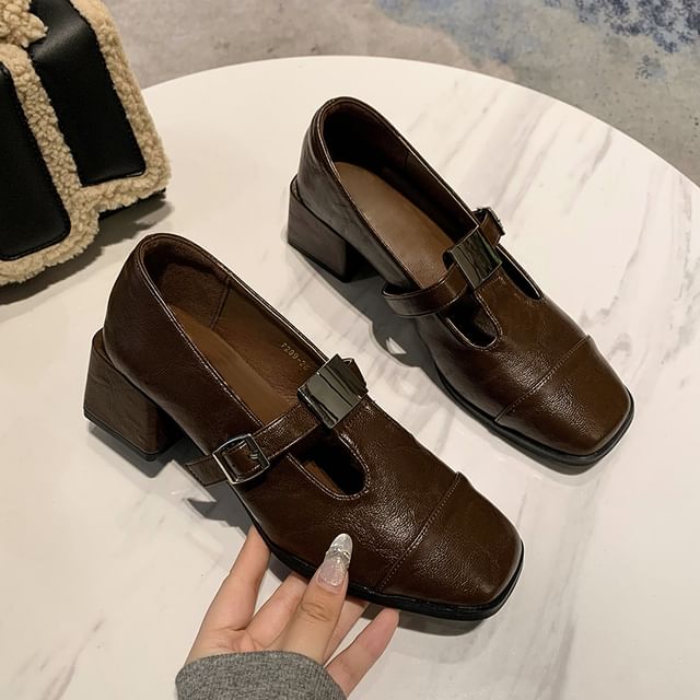 Toe Cap Square T-Strap Heel Block Pumps