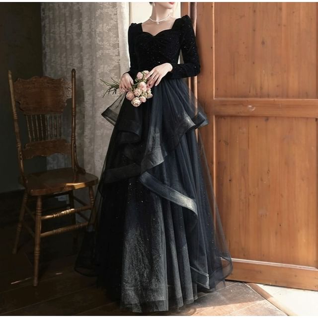 Plain Long-Sleeve Evening Gown Neck Glitter Sweetheart A-Line