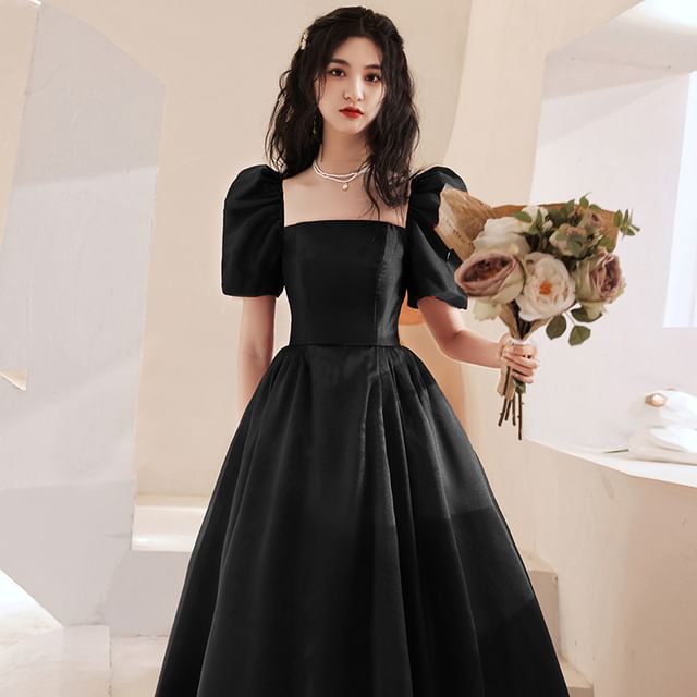 Square Evening Maxi Gown A-Line Neck Sleeve Plain Puff