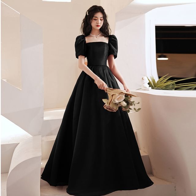 Square Evening Maxi Gown A-Line Neck Sleeve Plain Puff