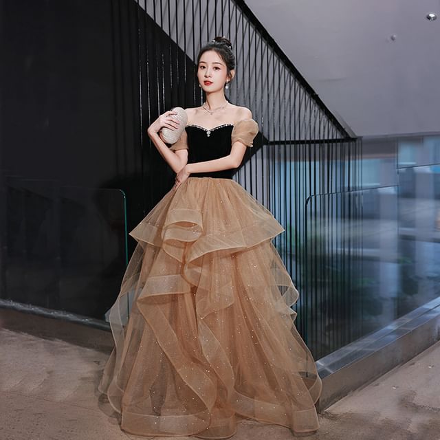 Gown Velvet The Glitter Off Evening A-Line Shoulder Plain