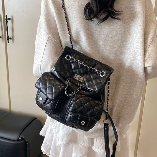 Faux Leather Strap Chain Backpack Quilted