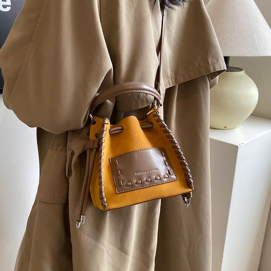 Applique Bucket Leather Bag Drawstring Faux