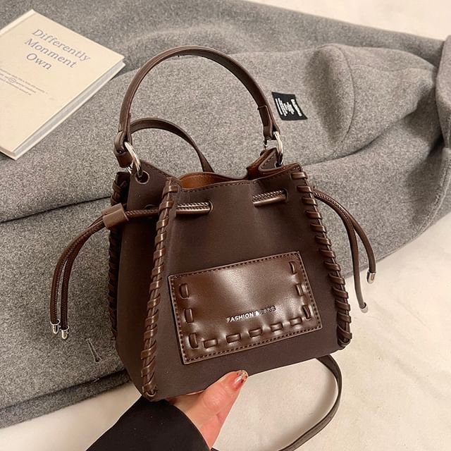 Applique Bucket Leather Bag Drawstring Faux
