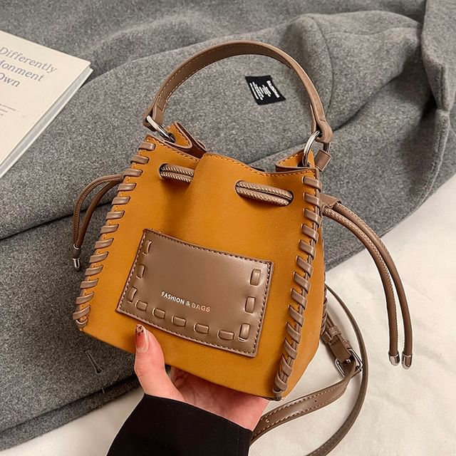 Applique Bucket Leather Bag Drawstring Faux