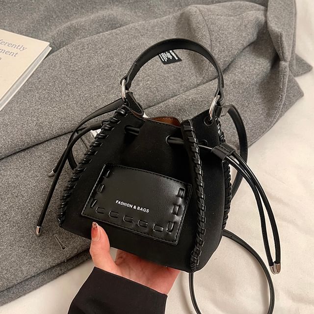 Applique Bucket Leather Bag Drawstring Faux