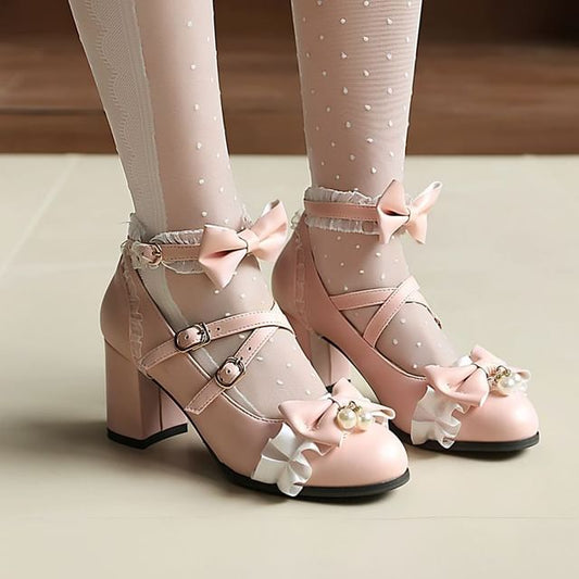 Ankle Trim Pearl Frill Chunky Heel Pumps Faux Jane Bow Mary Strap
