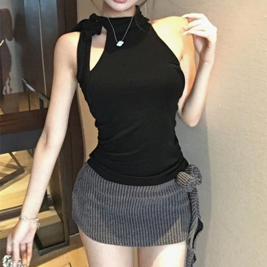 Plain / Flower Mini Pencil Low Skirt Top Mock Neck Detail Waist Halter