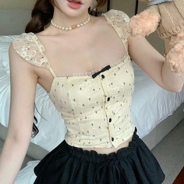 Floral Top Camisole Bow Cropped Lace