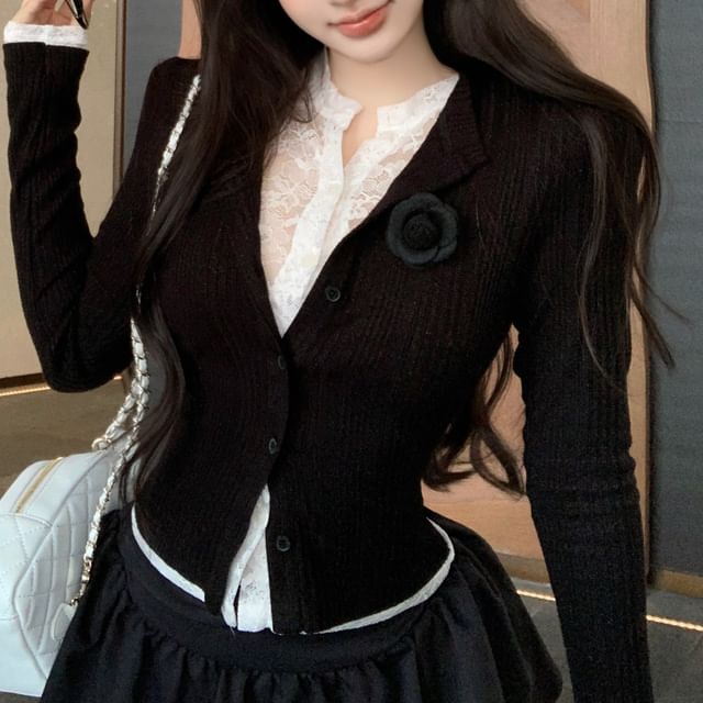 Plain Slim Trim Cardigan Ribbed Lace Fit Two-Piece Mock