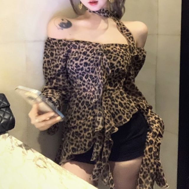 Leopard Ruffled Asymmetrical Print Choker-Neck Blouse Long-Sleeve