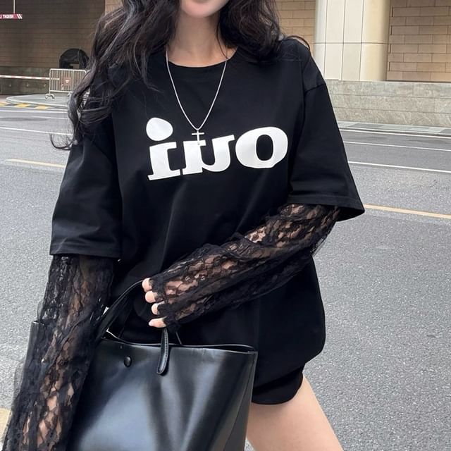 Tee Lace Two-Piece Panel Long-Sleeve Lettering Mock Crew Neck