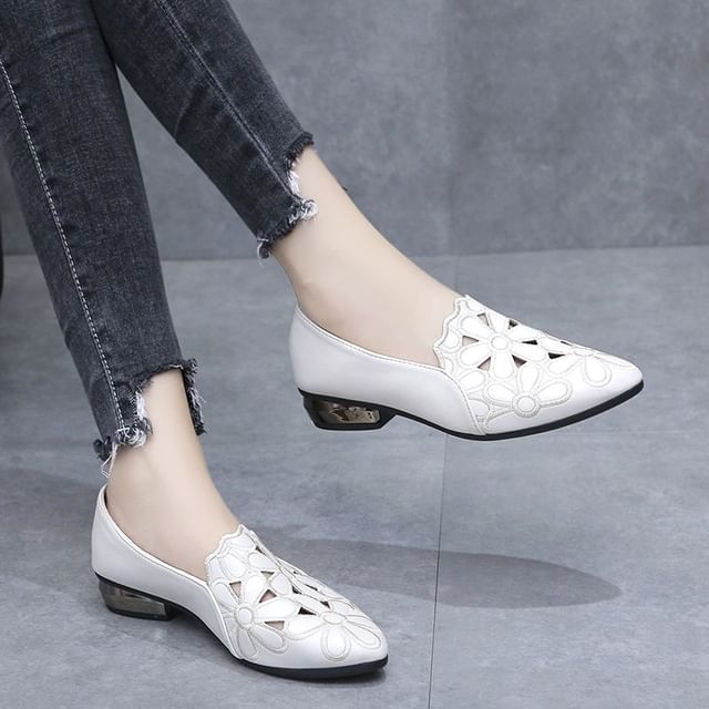 Floral Pumps Embroidered Heel Chunky