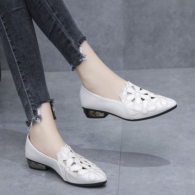 Floral Pumps Embroidered Heel Chunky