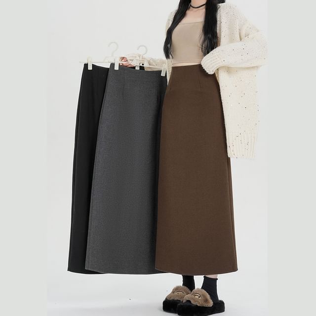Plain Back Slit Waist Skirt Midi A-Line High