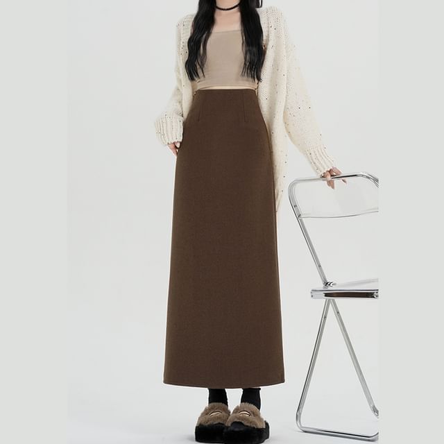 Plain Back Slit Waist Skirt Midi A-Line High