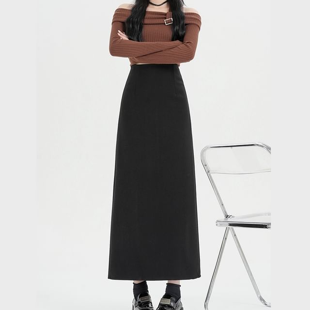 Plain Back Slit Waist Skirt Midi A-Line High