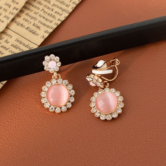 Cabochon Rhinestone On Clip Earring / Drop