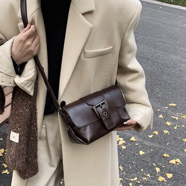 Crossbody Bag Plain Buckled Flap Leather Faux