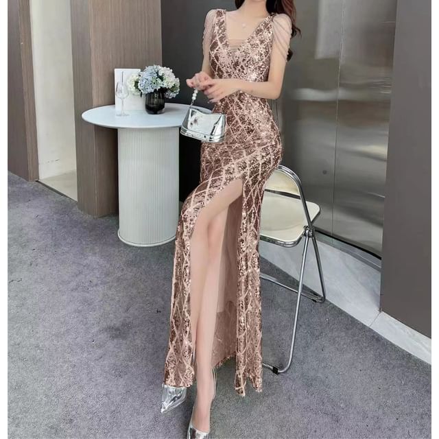 Sleeveless Fringed Gown Sequin Bead Slit Mermaid Evening V-Neck
