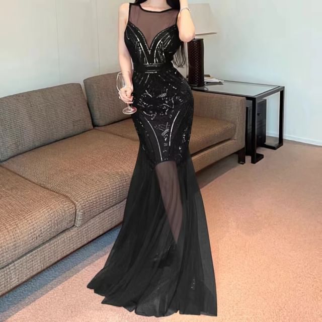 Open Panel Back Gown Sleeveless Sheer Sequin Mermaid Crew Evening Neck