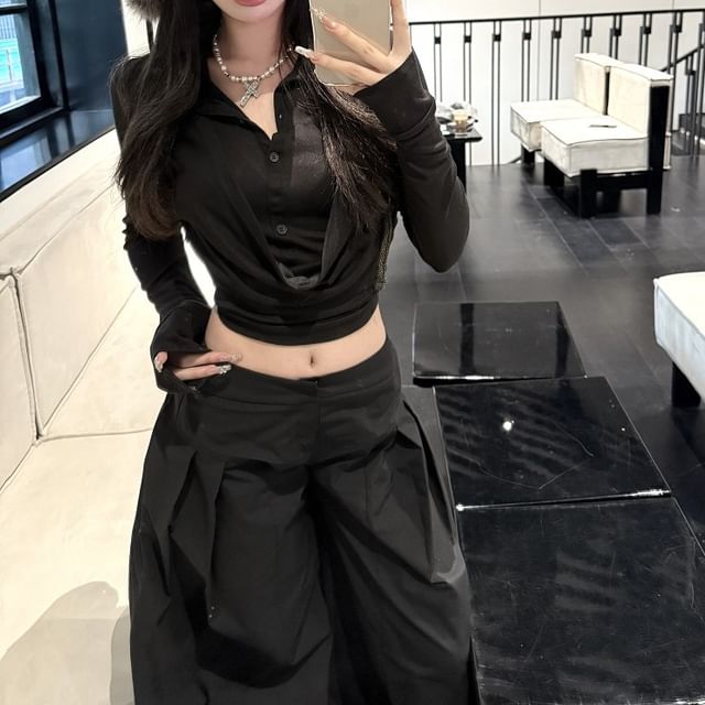Leg / Collar Long-Sleeve Wide Inverted Plain Pleated Pants Low Rise Cropped Tee