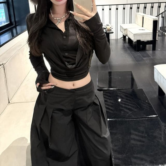 Leg / Collar Long-Sleeve Wide Inverted Plain Pleated Pants Low Rise Cropped Tee