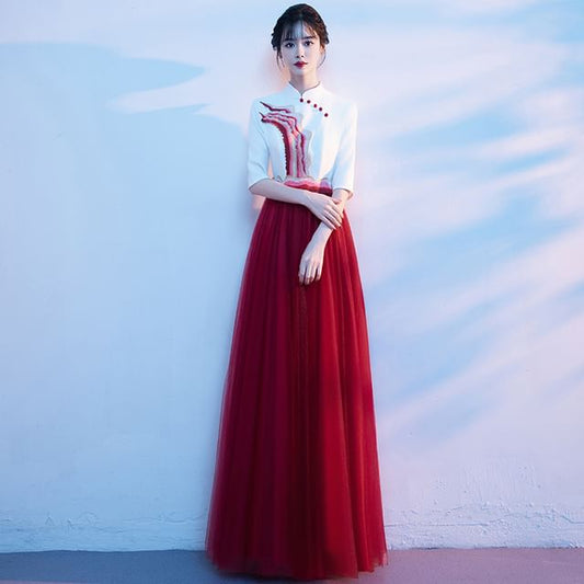 Short-Sleeve Gown Evening Collar A-Line Tone Two Stand