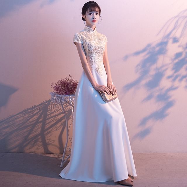 Stand Short-Sleeve Lace Gown A-Line Evening Collar