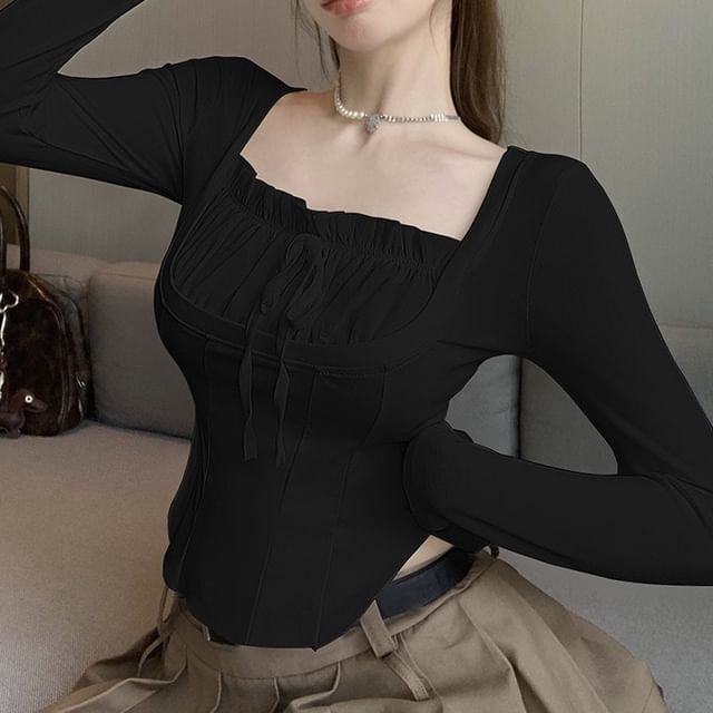 Shirred Crop Square-Neck Top Long-Sleeve Plain