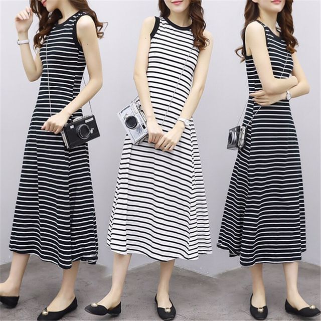 Tank Midi Neck Striped Dress A-Line Crew