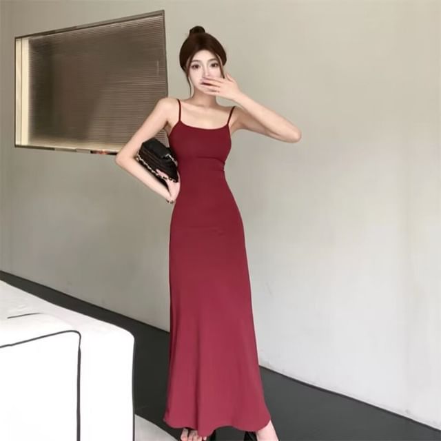 Scoop Dress Strap Midi Plain Bodycon Spaghetti Neck