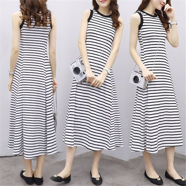 Tank Midi Neck Striped Dress A-Line Crew