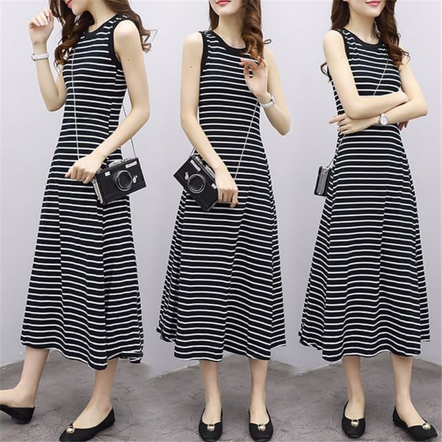 Tank Midi Neck Striped Dress A-Line Crew