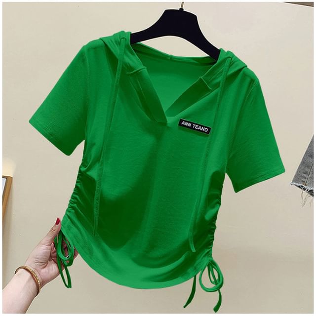 Lettering Tee Short-Sleeve V-Neck Drawstring