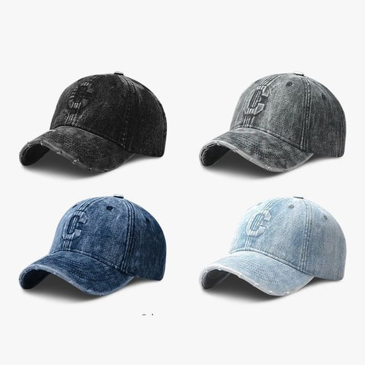 Lettering Cap Denim Baseball Distressed Washed Embroidered