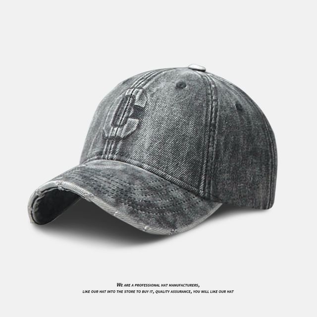 Lettering Cap Denim Baseball Distressed Washed Embroidered