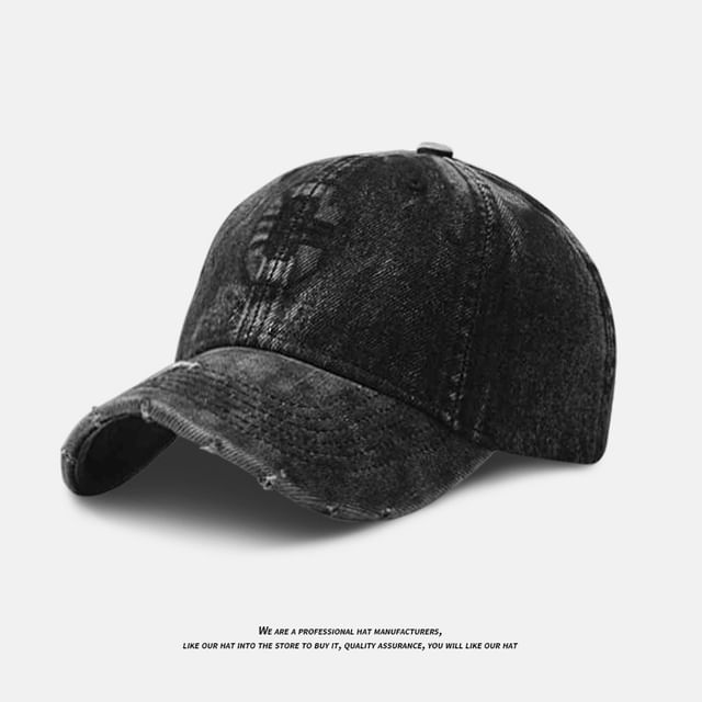 Lettering Cap Denim Baseball Distressed Washed Embroidered